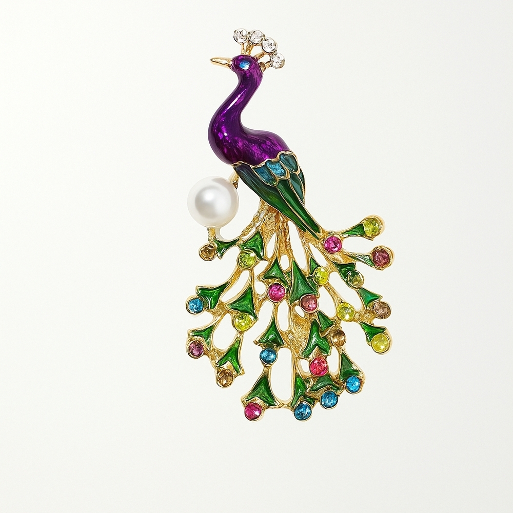 Vibrant Enamel Peacock Brooch Pin Gold Tone Rhinestone & Faux Pearl 2.25"